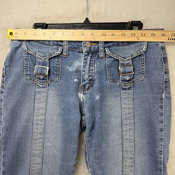 Vintage Apollo Jeans 5/6 Pinstripe Buckle Pockets Blue Mid Rise Y2K Distressed - Picture 14 of 16